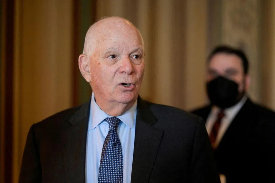 FILE PHOTO: U.S. Senator Ben Cardin (D-MD) speaks to reporters before assuming the chairmanship of the Senate Foreign Relations Committee on Capitol Hill in Washington, U.S., September 28, 2023. REUTERS/Craig Hudson/File Photo
