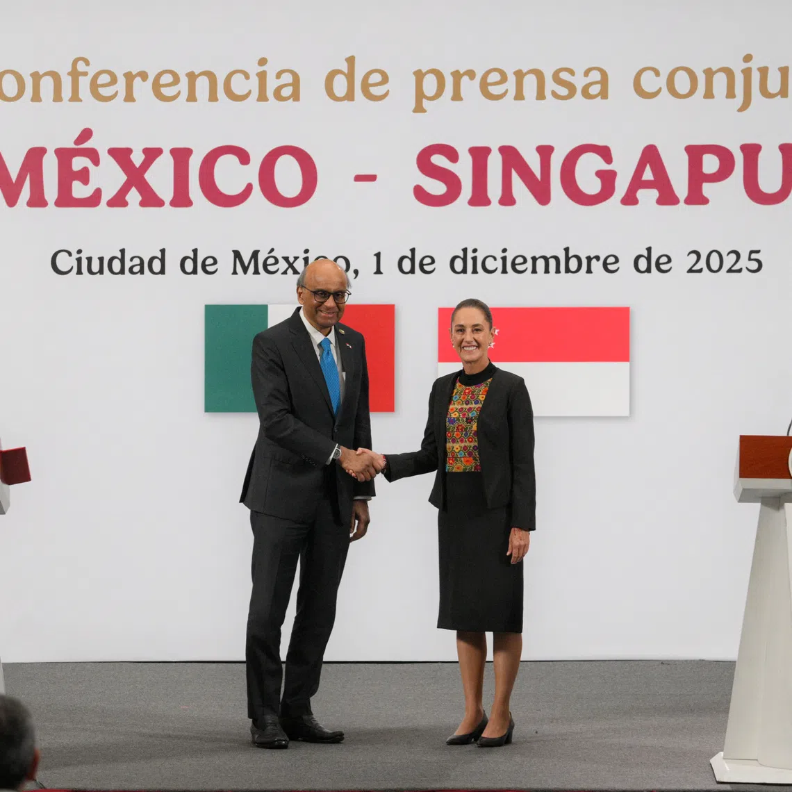 President Tharman Shanmugaratnam (left) and Mexican President Claudia Sheinbaum at a press conference at the National Palace in Mexico City on Dec 1.