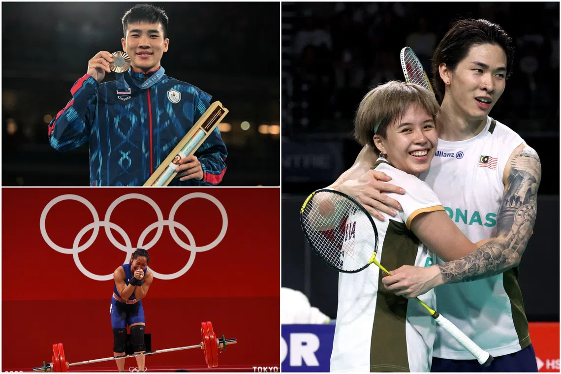 (Clockwise from top left) Thai boxer Janjaem Suwannapheng, Malaysian mixed doubles pair Chen Tang Jie and Toh Ee Wei, and Philippine weightlifter Hidilyn Diaz.