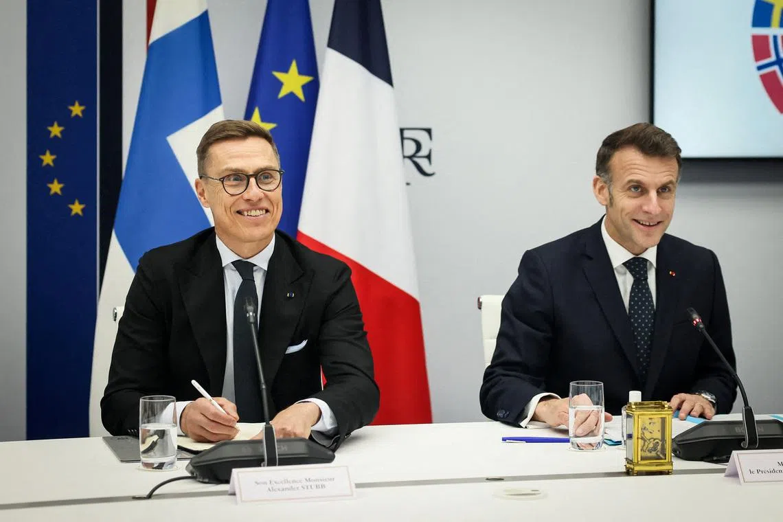 FILE PHOTO: French President Emmanuel Macron and Finland's President Alexander Stubb attend a Nordic-Baltic Eight (NB8) work video conference at the Elysee Palace in Paris, France February 23, 2026. Thomas Padilla/Pool via REUTERS/File Photo