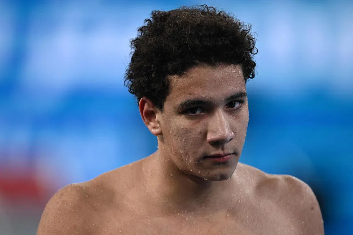 Tunisia's Ahmed Hafnaoui looking on after competing in a heat of the men's 400m freestyle swimming event during the 2024 World Aquatics Championships at Aspire Dome in Doha on Feb 11. He ranked 17th and did not make the finals.