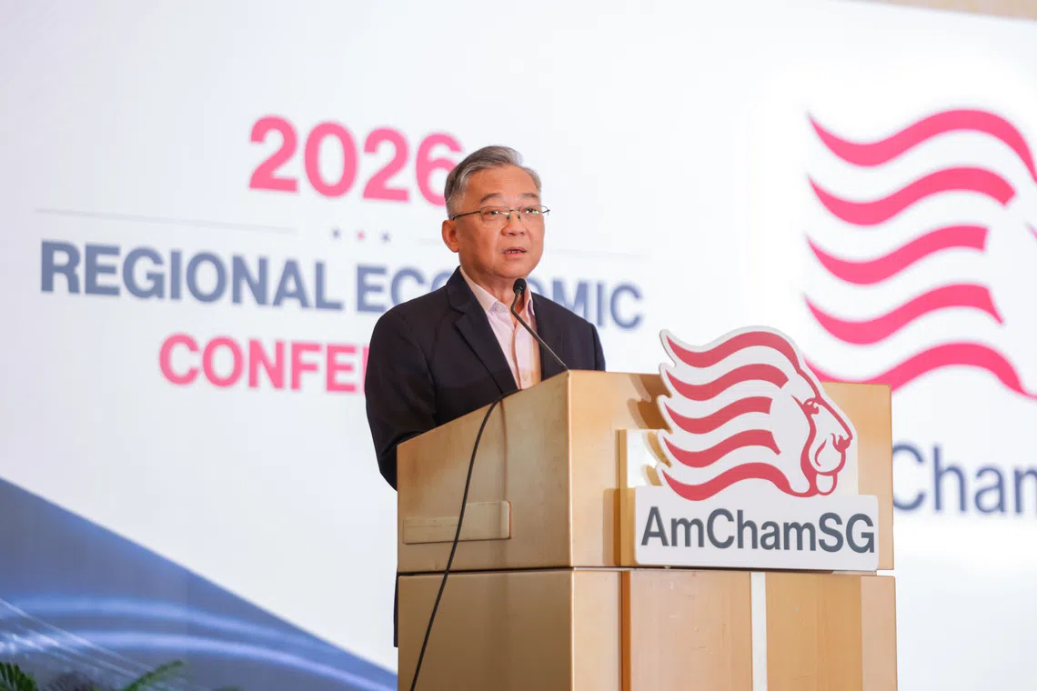 Deputy Prime Minister and Minister for Trade and Industry (Trade) Gan Kim Yong delivering the keynote address at the 2026 AmChamSG Regional Economic Conference on Sept 8.