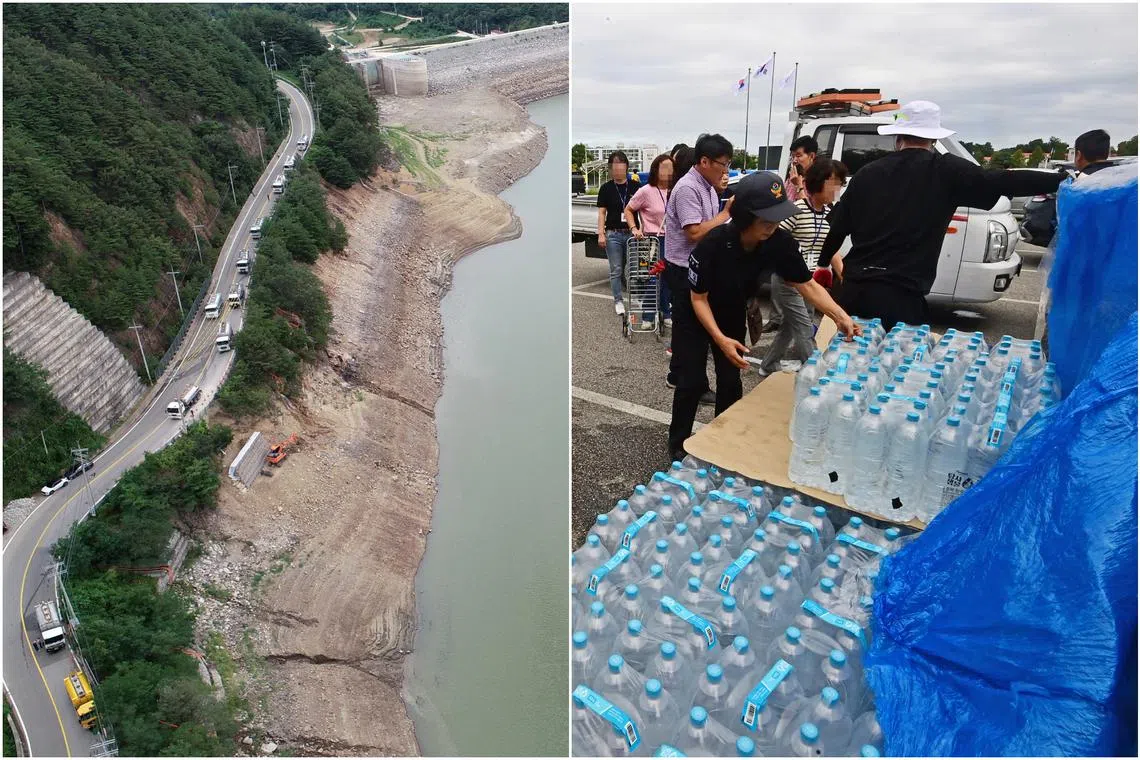 Residents receive rationed mineral water (right) as the water level of Obong Reservoir (left) fell to 13.3 per cent of normal levels in Gangneung on Sept 5.