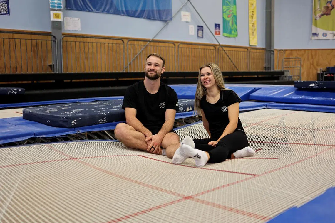 Trampoline gymnasts Dylan Schmidt and Maddie Davidson, are seen at Tri Star Gymnastics Centre in Auckland, New Zealand in this handout image released April 24, 2024.    New Zealand Olympic Committee/Handout via REUTERS