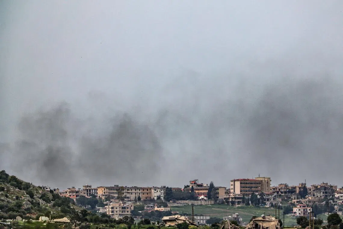 Smoke rising after an Israeli airstrike in the southern Lebanese village of Bint Jbeil on April 15.