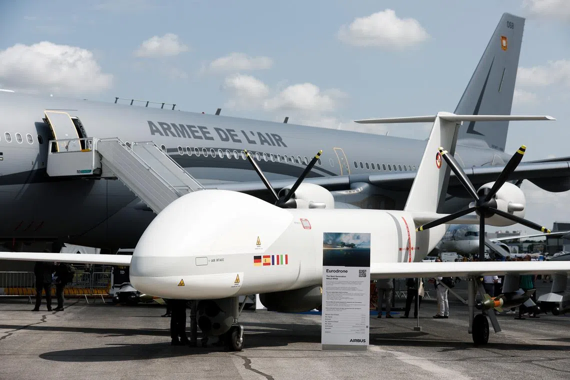 An Airbus Eurodrone military drone is displayed at the 54th International Paris Airshow at Le Bourget Airport near Paris, on June 21.