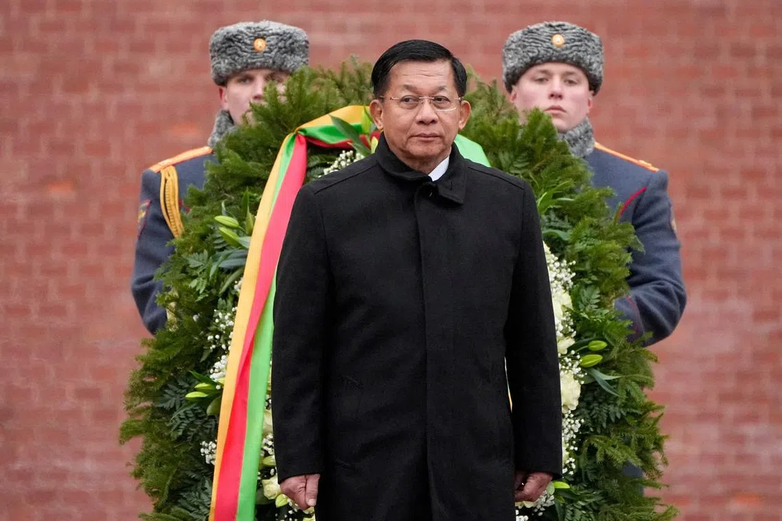 FILE PHOTO: Myanmar's military chief Senior General Min Aung Hlaing attends a wreath-laying ceremony at the Tomb of the Unknown Soldier near the Kremlin Wall in central Moscow, Russia, March 4, 2025. Alexander Zemlianichenko/Pool via REUTERS/File Photo