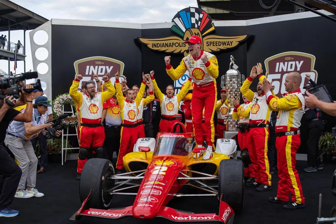 May 26, 2024; Indianapolis, Indiana, USA; Indycar Series driver Josef Newgarden celebrates after winning the 108th running of the Indianapolis 500 at Indianapolis Motor Speedway. Mandatory Credit: Mark J. Rebilas-USA TODAY Sports