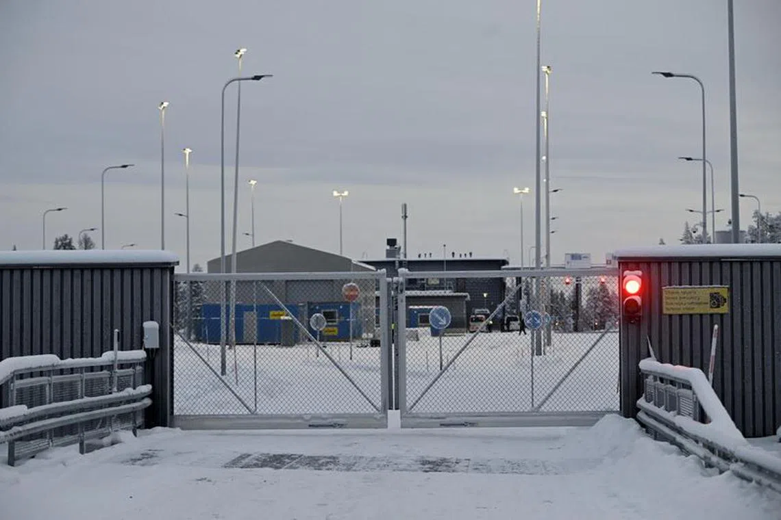 A view of closed gates at the Raja-Jooseppi international border crossing station before its opening in Inari, northern Finland on Nov 24, 2023. Lehtikuva/Emmi Korhonen via REUTERS/File Photo