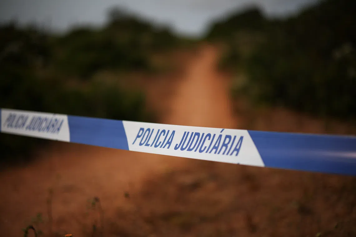 FILE PHOTO: A police tape is seen as Police resumes the search for the body of Madeleine McCann, who went missing in the Portuguese Algarve in May 2007, in Atalaia, Portugal, June 3, 2025. REUTERS/Pedro Nunes/File Photo