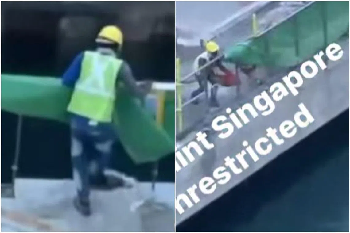 A video posted on Facebook shows a worker discarding various construction debris and rubbish into the sea.