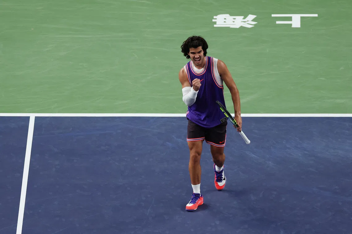 Spain’s Carlos Alcaraz during match against Belgium’s Zizou Bergs in Shanghai, China, on Oct 12.