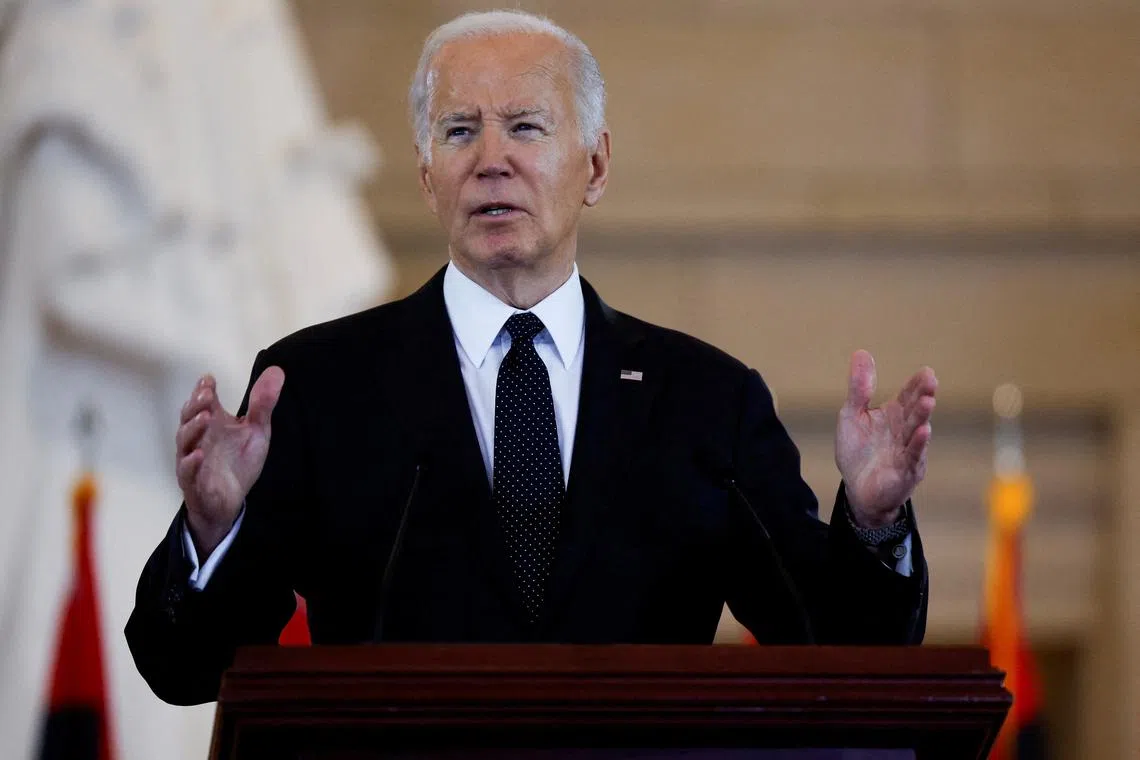 FILE PHOTO: U.S. President Joe Biden addresses rising levels of antisemitism, during a speech at the U.S. Holocaust Memorial Museum's Annual Days of Remembrance ceremony, at the U.S. Capitol building in Washington, U.S., May 7, 2024. REUTERS/Evelyn Hockstein/File Photo