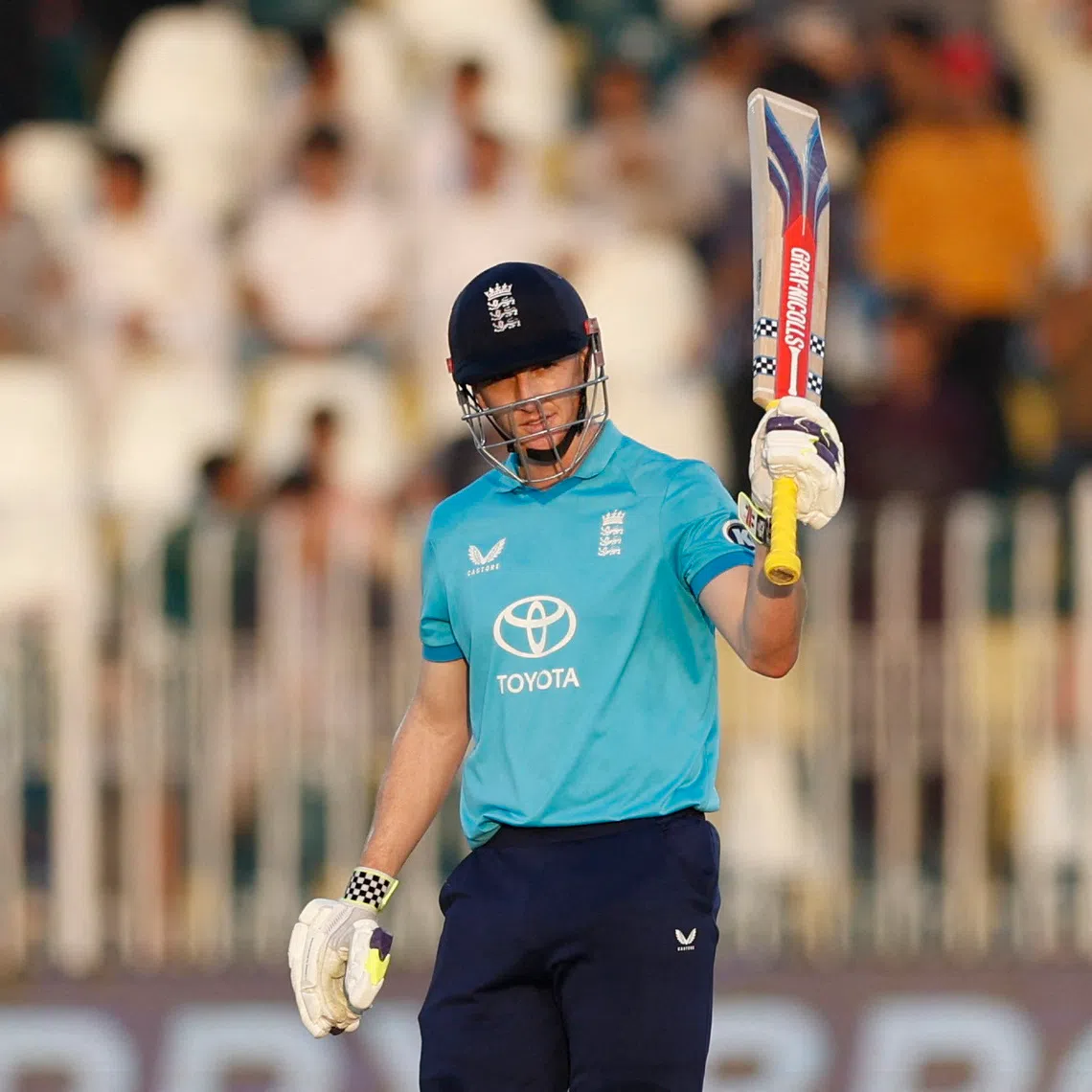 Cricket - Third One Day International - England v Sri Lanka - Rawalpindi Cricket Stadium, Rawalpindi, Pakistan - October 22, 2026 England's Harry Brook celebrates after reaching his double century REUTERS/Akhtar Soomro