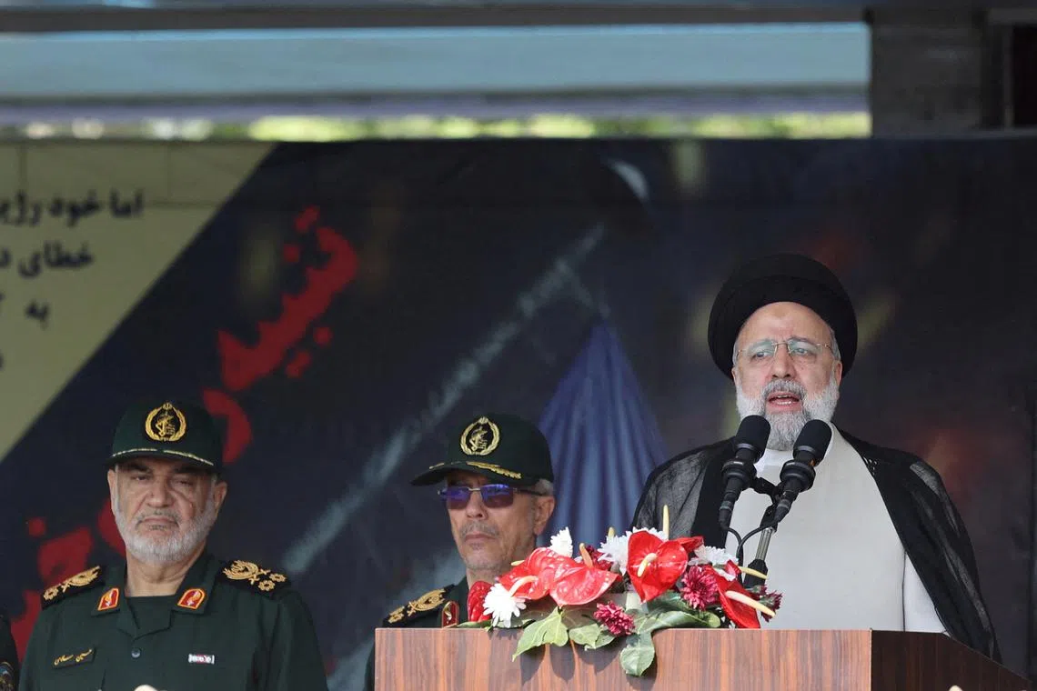 FILE PHOTO: Iranian President Ebrahim Raisi delivers a speech during the National Army Day parade ceremony in Tehran, Iran, April 17, 2024. Majid Asgaripour/WANA (West Asia News Agency) via REUTERS/ File Photo