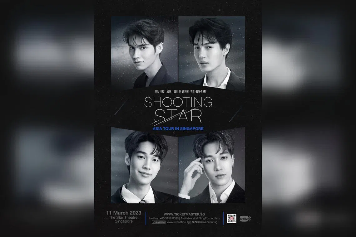 The poster for Shooting Star Asia Tour shows Thai actor-singers (clockwise, from top left) Bright Vachirawit, Win Metawin, Nani Hirunkit and Dew Jirawat.
