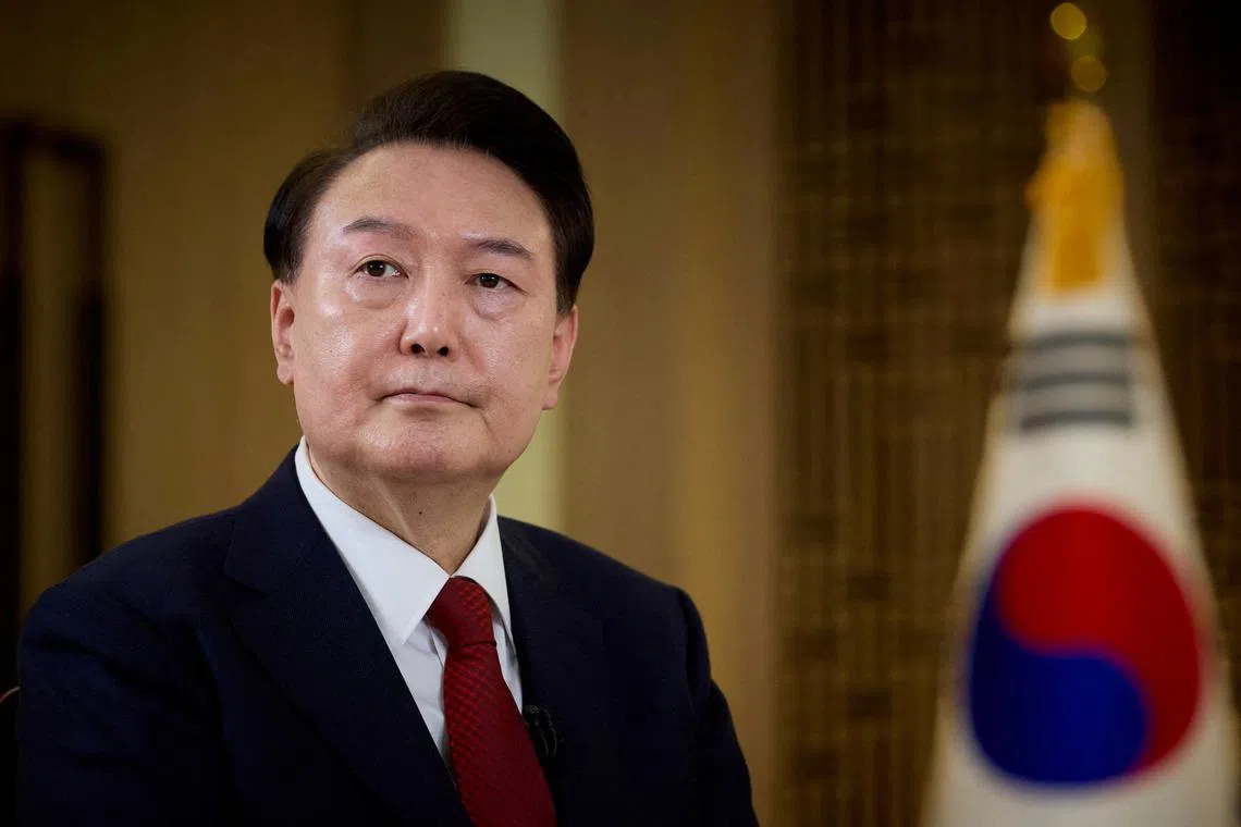 FILE PHOTO: South Korean President Yoon Suk Yeol speaks during an interview with KBS at the Presidential Office in Seoul, South Korea, February 4, 2024.    The Presidential Office/Handout via REUTERS/File Photo