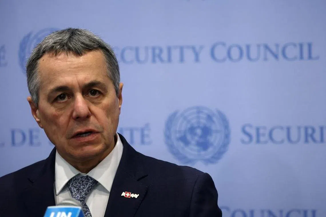 Swiss Foreign Minister and current President of the U.N. Security Council Ignazio Cassis speaks to reporters following a Security Council meeting on protecting the Zaporizhzhya nuclear power plant and others in Ukraine at U.N. headquarters in New York City, U.S., May 30, 2023. REUTERS/Mike Segar/File Photo