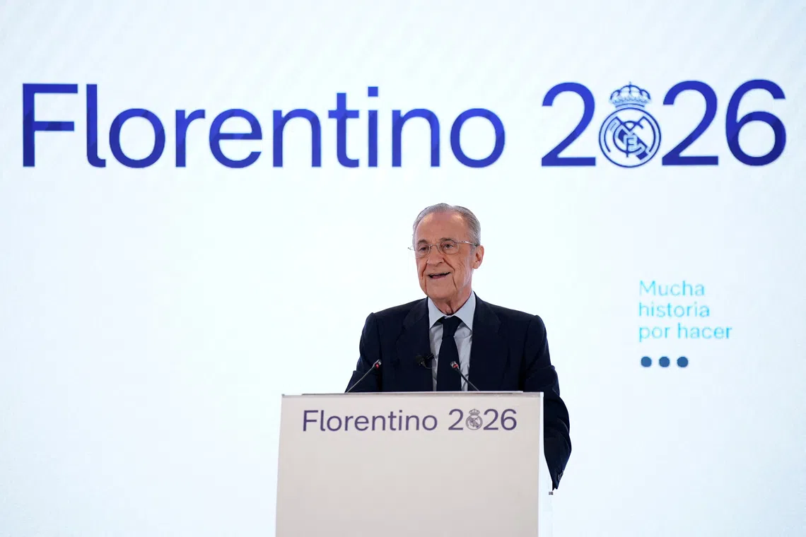 Soccer Football - Real Madrid Presidential Election - Eurobuilding Hotel, Madrid, Spain - June 8, 2026 Florentino Perez gives a speech after he is re-elected as Real Madrid president.  REUTERS/Ana Beltran