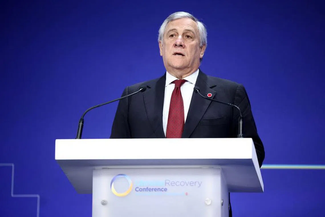 Italy's Foreign Minister Antonio Tajani addresses the opening session on the first day of the Ukraine Recovery Conference in London, Britain June 21, 2023.    Henry Nicholls/Pool via REUTERS/File Photo