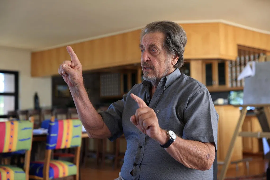 Errol Musk, father of Tesla CEO and X owner Elon Musk, gestures as he speaks during an interview with Reuters, in Langebaan, Western Cape, South Africa February 4, 2025. REUTERS/Esa Alexander