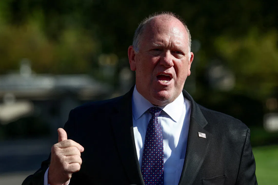FILE PHOTO: Tom Homan, U.S. President Donald Trump’s border czar, speaks to the media outside the White House in Washington, U.S., September 9, 2025. REUTERS/Evelyn Hockstein/File Photo