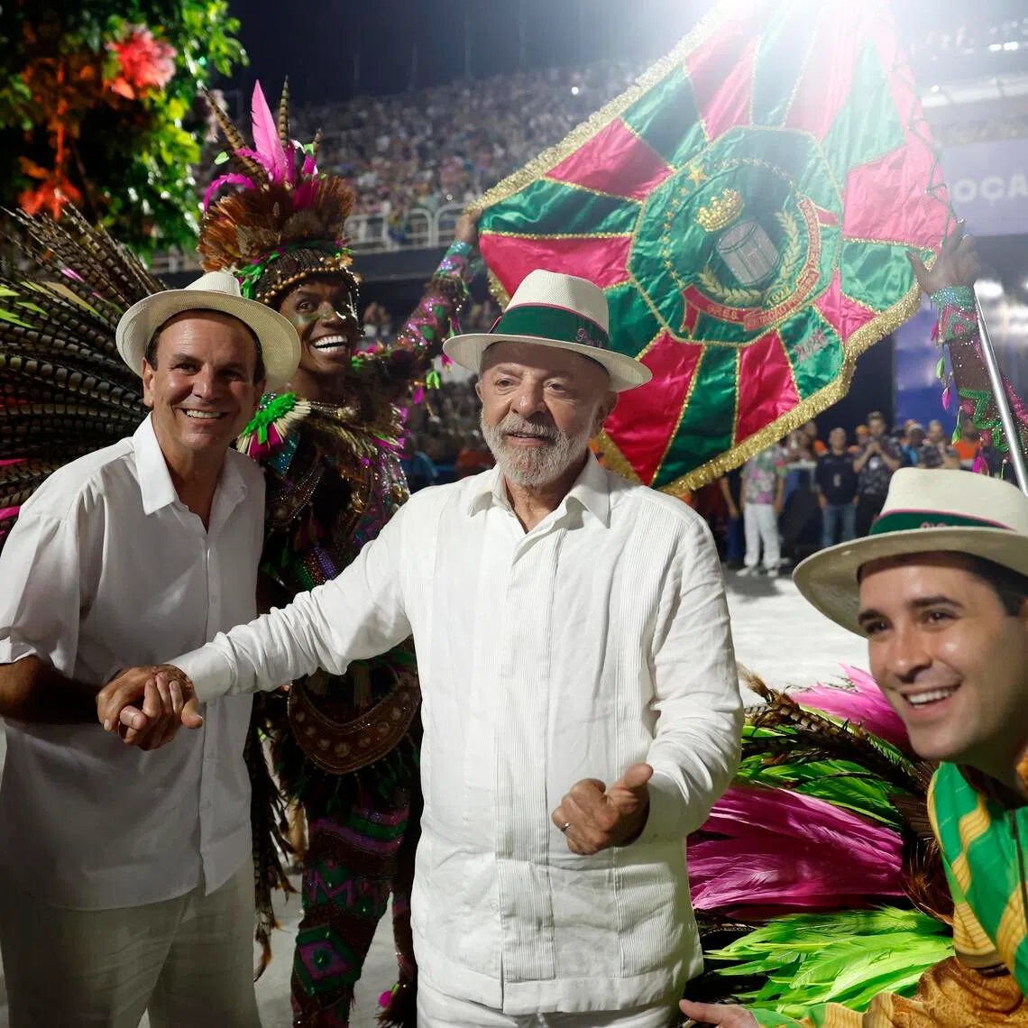 Brazil's President, Luiz Inacio Lula da Silva (centre) attends the Samba Mangueira school parade during the 2026 Rio Carnival at the Sambadrome, on Feb 16.