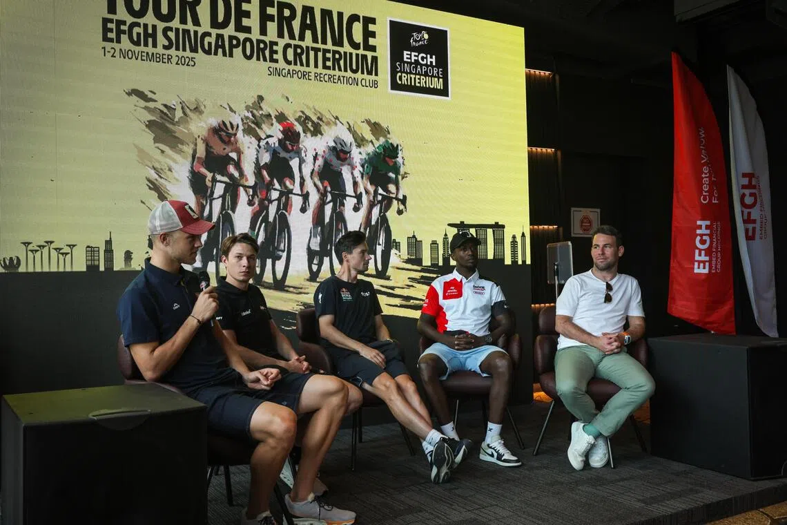 (From left) Cyclists Jonathan Milan, Jasper Philipsen, Primoz Roglic and Biniam Girmay, and ambassador Mark Cavendish at a media conference on Nov 1.