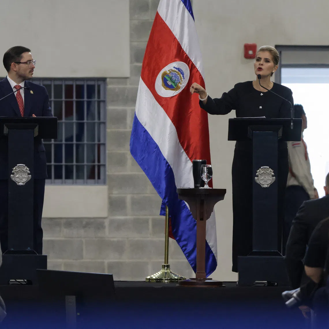 Costa Rican President Laura Fernandez speaks during the inauguration of the Center for High Containment of Organized Crime (CACCO), a new maximum-security prison built with the cooperation of the government of El Salvador’s President Nayib Bukele, in Alajuela, Costa Rica, October 14, 2026. REUTERS/Mayela Lopez