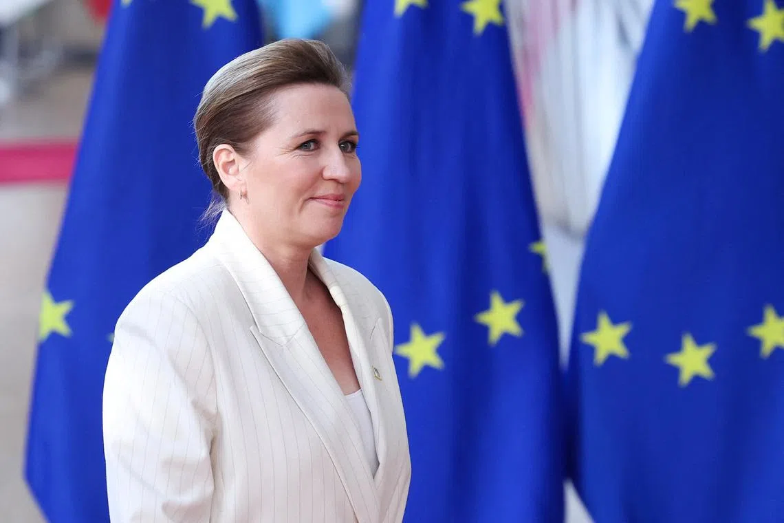 Denmark's Prime Minister Mette Frederiksen looks on as she attends a European Union summit in Brussels, Belgium March 20, 2025. REUTERS/Yves Herman/File Photo