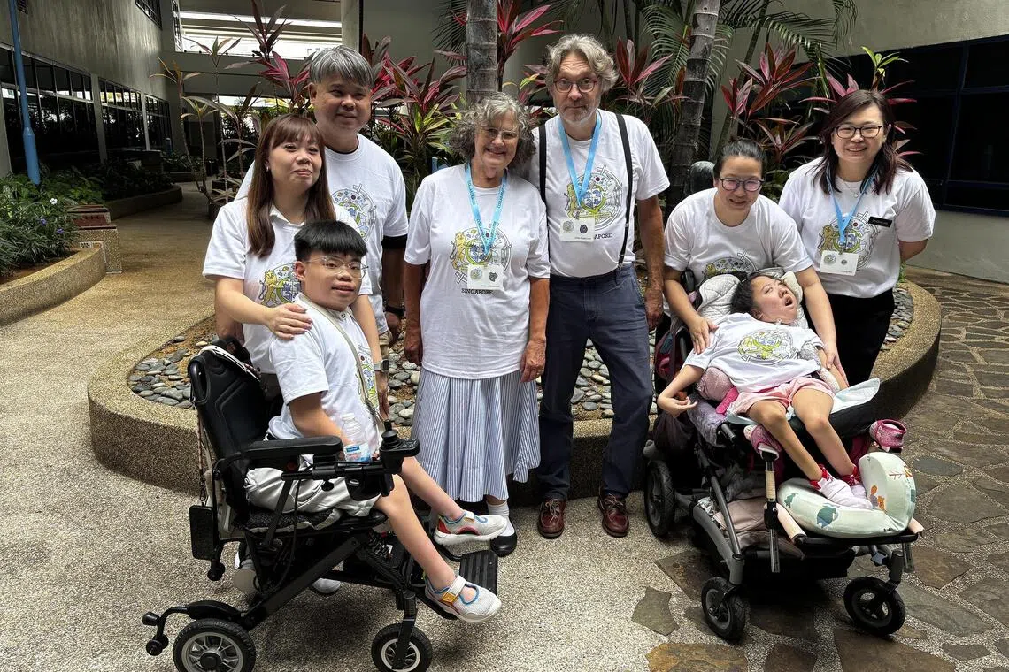 At the Undiagnosed Hackathon from Sept 19 to 20 were Helene and Mikk Cederroth (centre), founders of the Wilhelm Foundation, and geneticist Koh Ai Ling (far right), from Department of Genomic Medicine at KK Women’s and Children’s Hospital.  Supporting Sarah Swee and her mother Jasmine Lee (second from right) are Dawn Lee (left), Ng En Le and Jarren (in wheelchair).