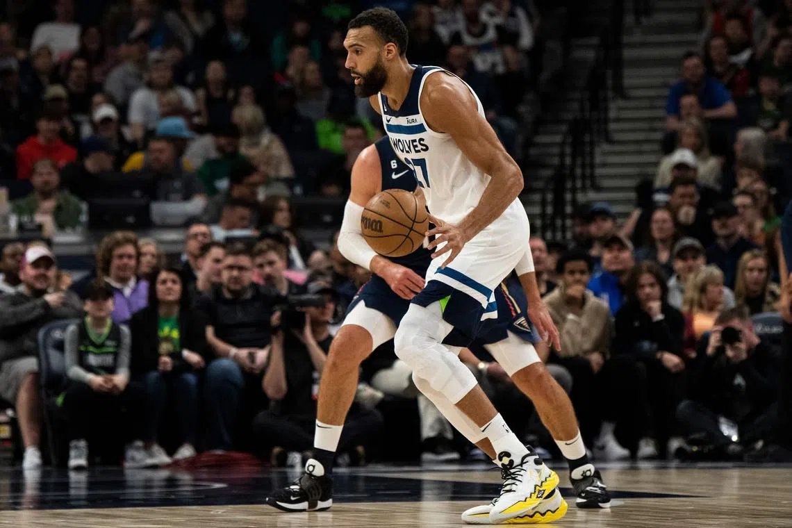 Rudy Gobert of the Minnesota Timberwolves handling the ball in the first quarter of the game against the New Orleans Pelicans at Target Centre.