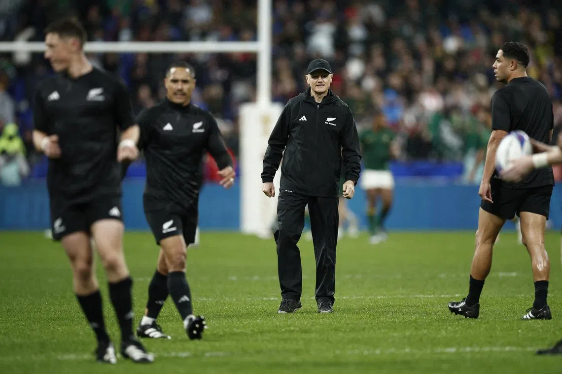 FILE PHOTO: Rugby Union - Rugby World Cup 2023 - Final - New Zealand v South Africa - Stade de France, Saint-Denis, France - October 28, 2023 New Zealand attack coach Joe Schmidt during the warm up before the match REUTERS/Benoit Tessier