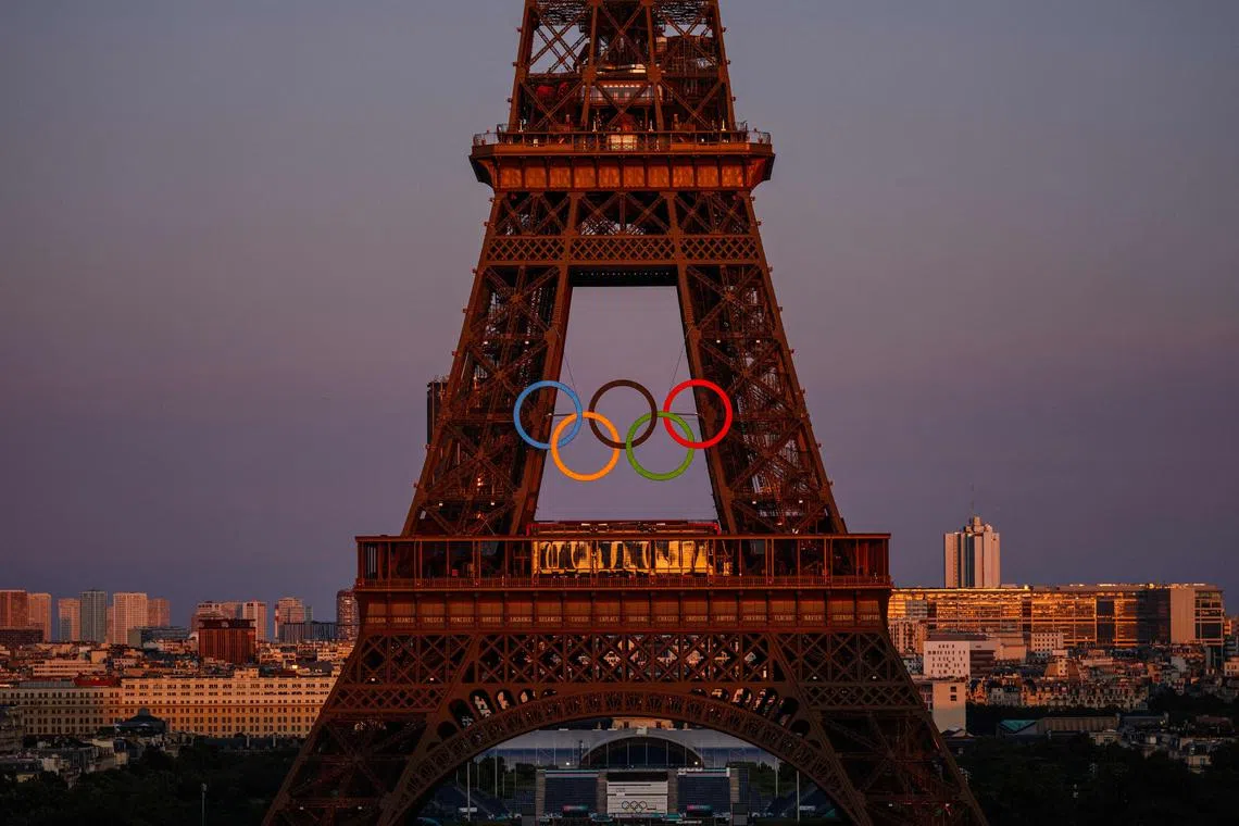 The Olympic Rings on the Eiffel Tower ahead of the Paris Games, which open on July 26.