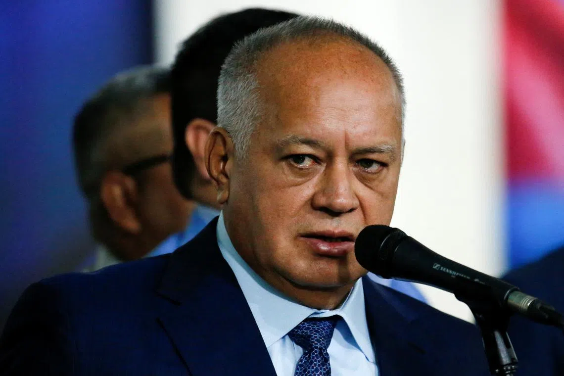 FILE PHOTO: Vice President of the United Socialist Party of Venezuela (PSUV) Diosdado Cabello speaks at the Supreme Court of Justice, in Caracas, Venezuela, August 9, 2024. REUTERS/Leonardo Fernandez Viloria/File Photo