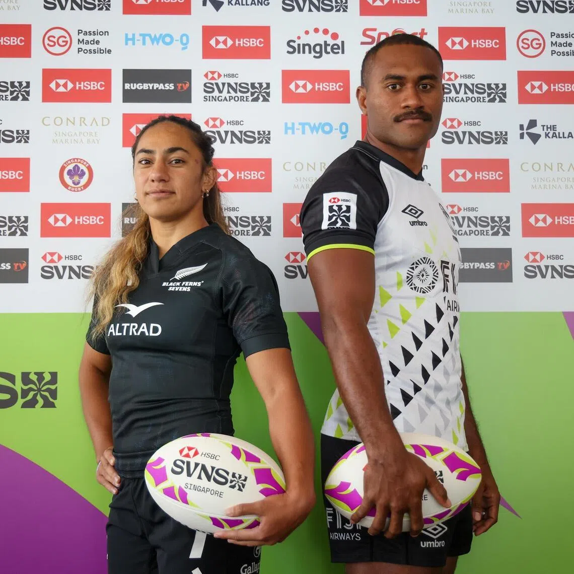 ST20260129_202661000420/dgrugby29/Deepan/Jason Quah

Risi Pouri-Lane, New Zealand women’s captain and Jeremaia Matana, Fiji men’s captain at a HSBC SVNS press conference on Jan 29, 2026. ST PHOTO: JASON QUAH