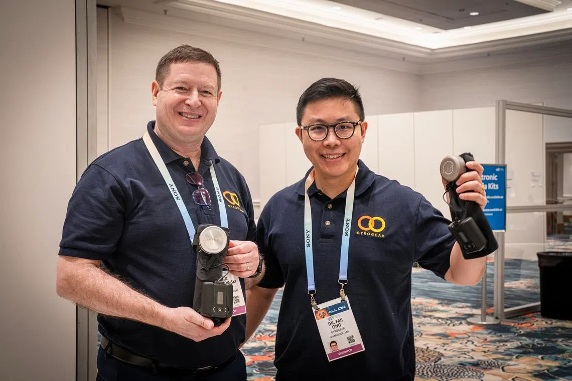 founder of gyrogear faii ong and its head of commercialisation john piontkowski at the 2024 consumer electronics show, the world’s largest tech event