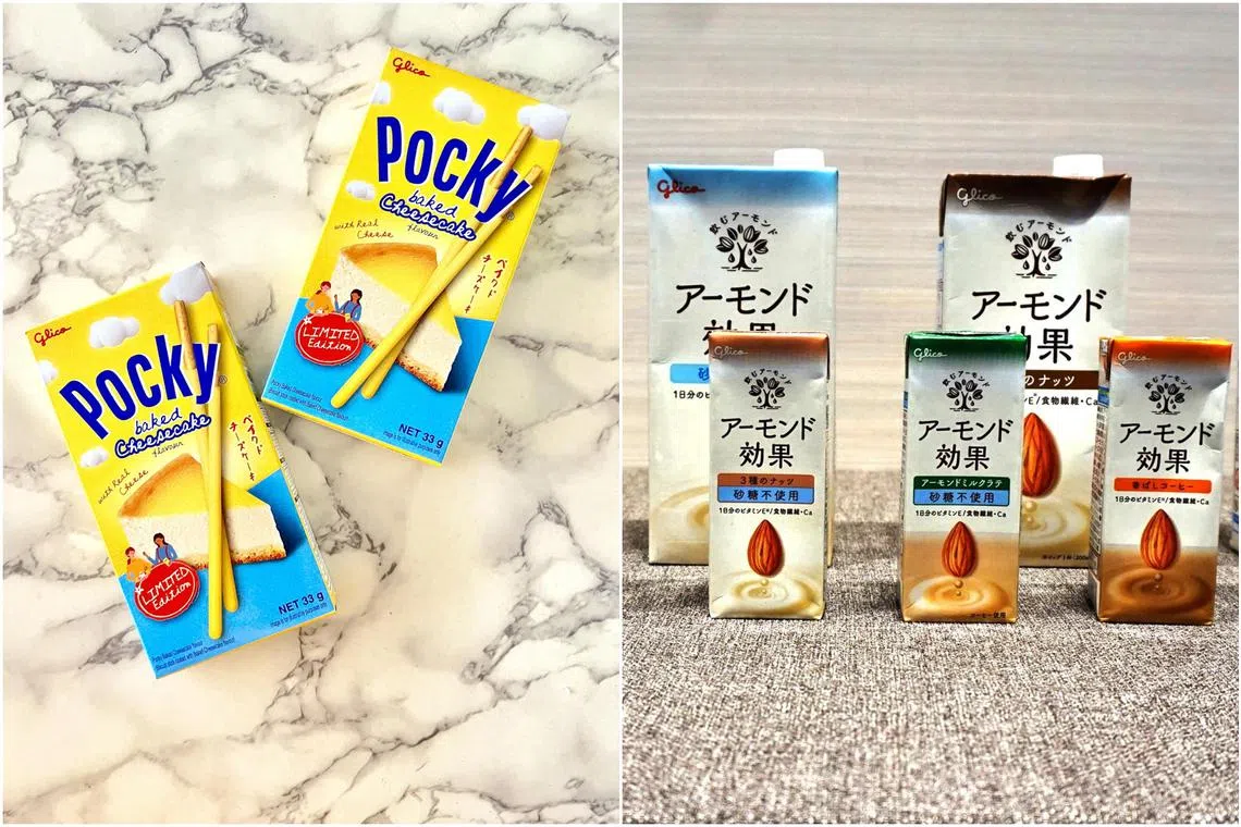 Glico's new Baked Cheesecake Pocky (left) and almond milk range called Almond Koka. 
