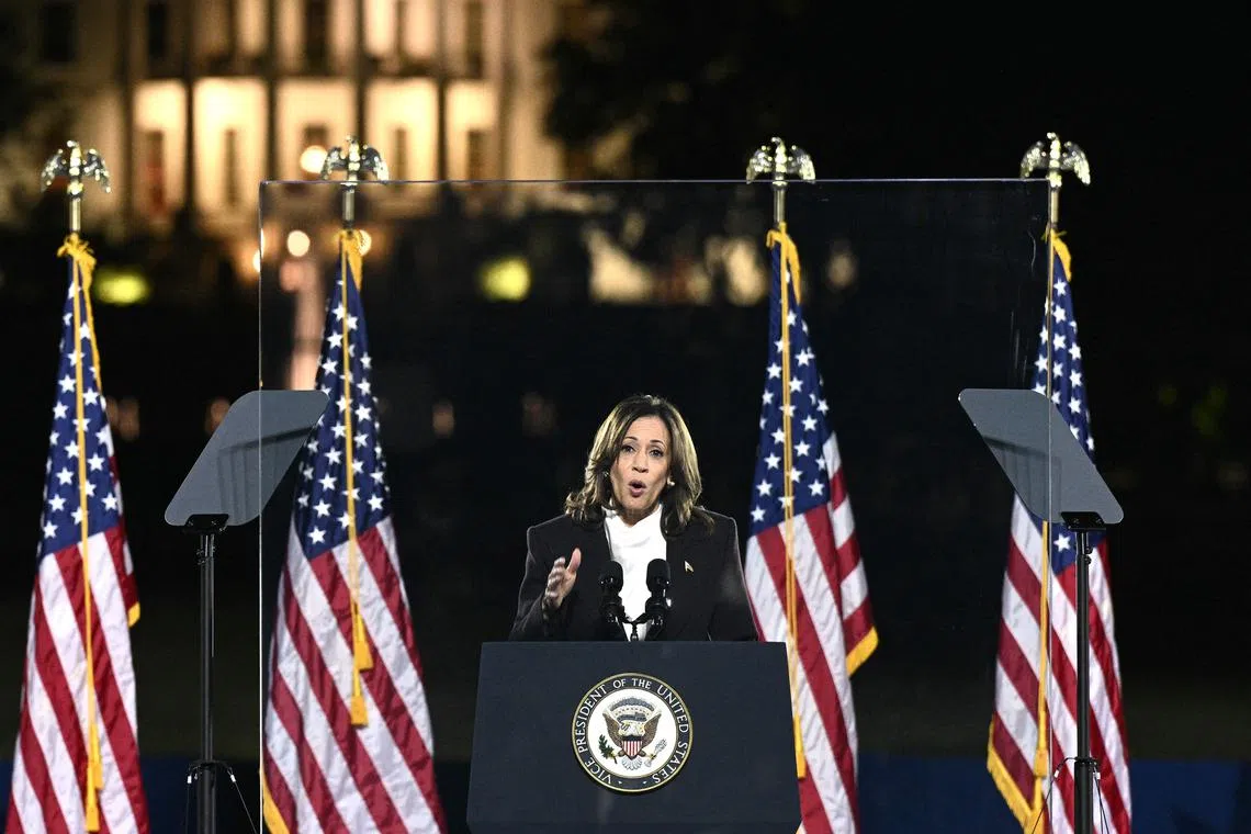 US Vice President and Democratic presidential candidate Kamala Harris speaks on The Ellipse just south of the White House in Washington, DC, on October 29, 2024. The Harris-Walz campaign is billing the speech as "a major closing argument" one week before the November 5 election. (Photo by Brendan SMIALOWSKI / AFP)