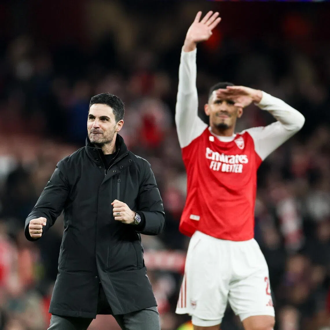 Arsenal manager Mikel Arteta celebrate s after the UEFA Champions League Round of 16, 2nd leg match between Arsenal and Bayer Leverkusen on March 17.