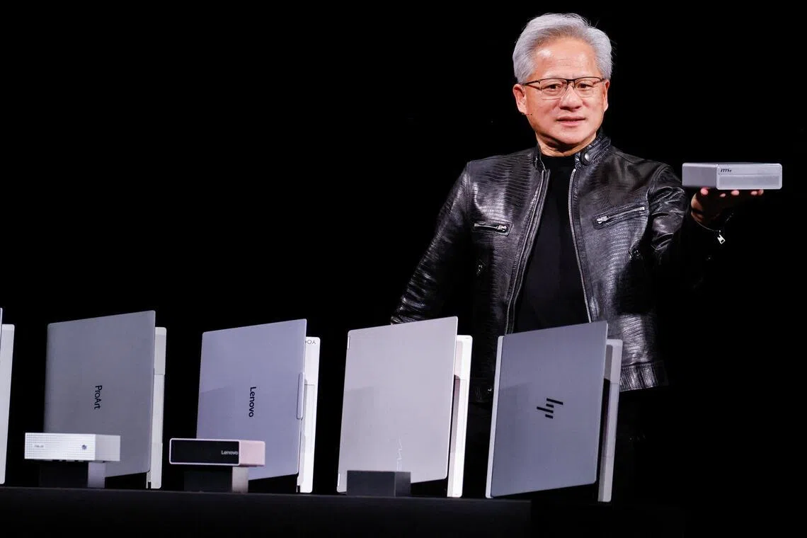 Nvidia CEO Jensen Huang introduces laptop models using its RTX Spark chips in Taipei, Taiwan, on June 1.