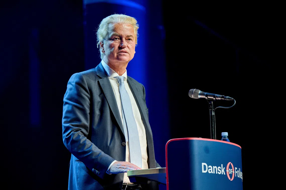 FILE PHOTO: Dutch politician Geert Wilders and leader of Party for Freedom speaks during the Danish People's Party annual meeting in Tinghallen, Viborg, Denmark, Saturday, September 27, 2025. The 30th anniversary of the Danish People's Party is celebrated during the annual meeting.  Ritzau Scanpix/Mikkel Berg Pedersen/via REUTERS/File Photo