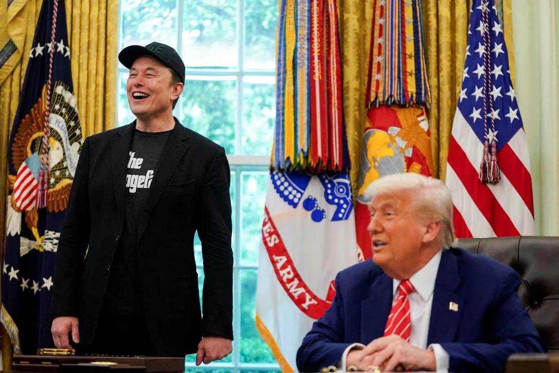 Tech billionaire Elon Musk (left) and US  President Donald Trump at a press conference on May 30. The pair have fallen out in recent weeks. 