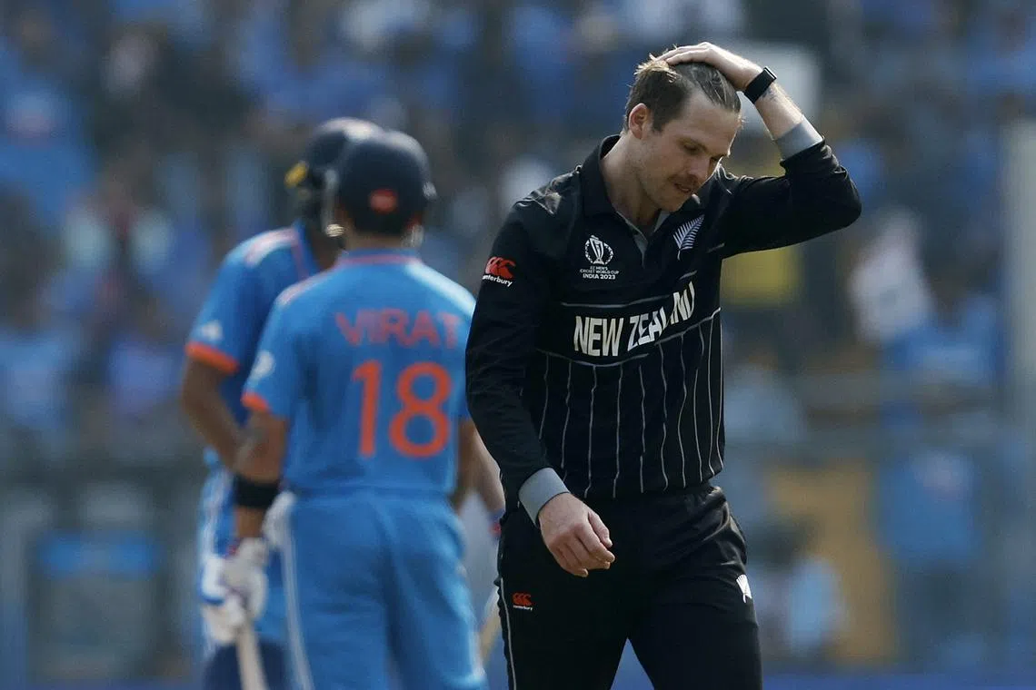 FILE PHOTO: Cricket - ICC Cricket World Cup 2023 - Semi-Final - India v New Zealand - Wankhede Stadium, Mumbai, India - November 15, 2023 New Zealand's Lockie Ferguson reacts after conceding four runs REUTERS/Francis Mascarenhas/File Photo