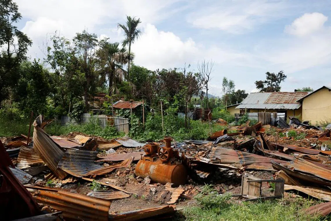 A burnt structure is pictured at Torbung village in Churachandpur district in the northeastern state of Manipur, India, July 23, 2023. REUTERS/Adnan Abidi/File Photo