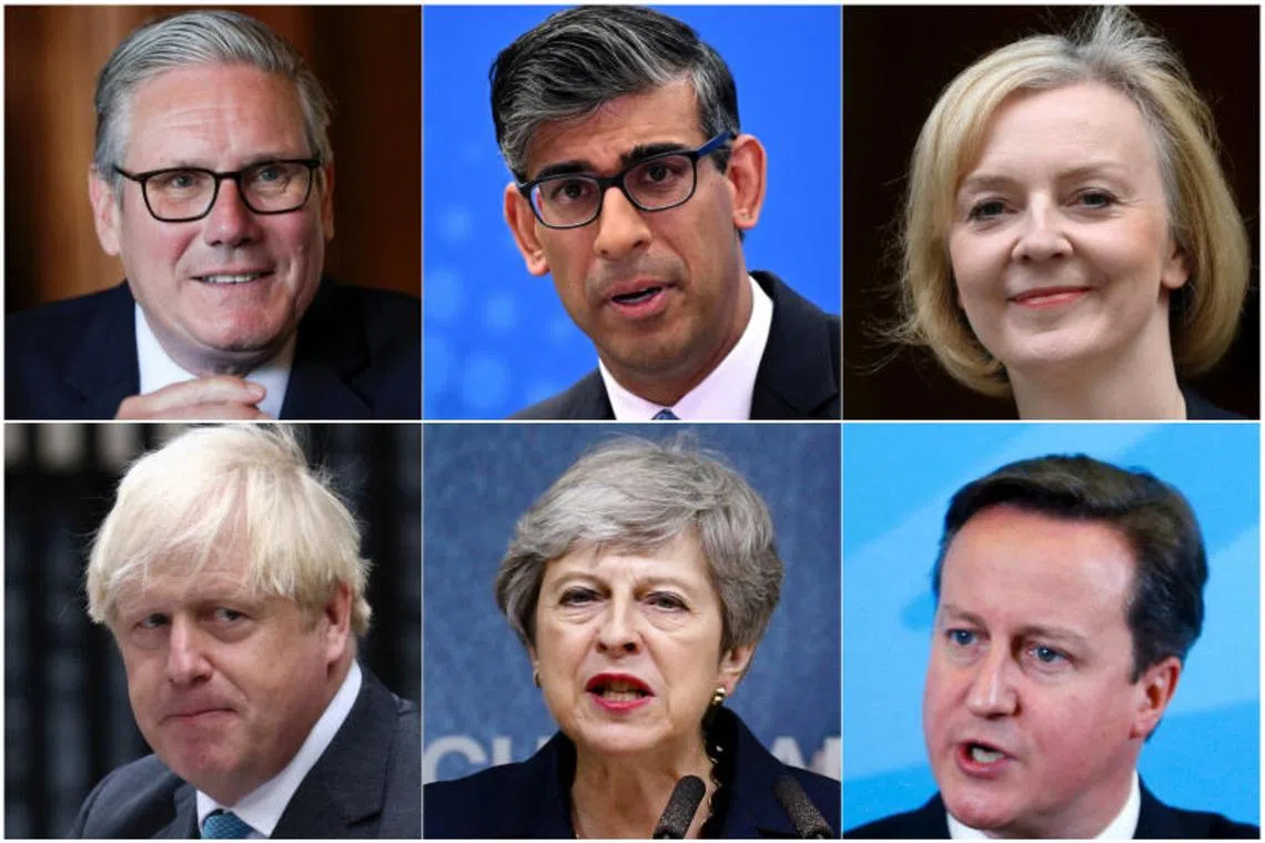 (Clockwise from top left) Keir Starmer, British outgoing prime minister, and his predecessors Rishi Sunak, Liz Truss, David Cameron, Theresa May and Boris Johnson.