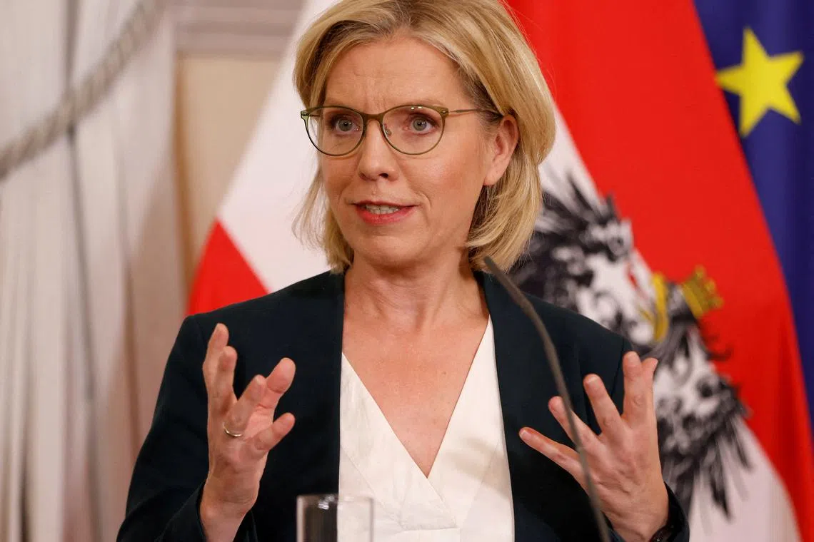 FILE PHOTO: Austrian Minister of Climate Action and Energy Leonore Gewessler speaks during a press conference in Vienna, Austria, October 17, 2023. REUTERS/Leonhard Foeger/File Photo