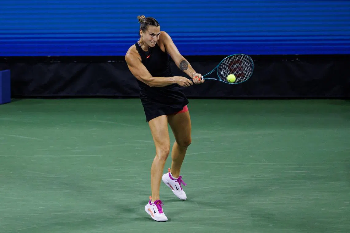 Aug 28, 2024; Flushing, NY, USA; 
Aryna Sabalenka of Belarus in action against Priscilla Hon of Australia on Day One of the 2024 U.S. Open tennis tournament at USTA Billie Jean King National Tennis Center. 
Mandatory Credit: Mike Frey-USA TODAY Sports