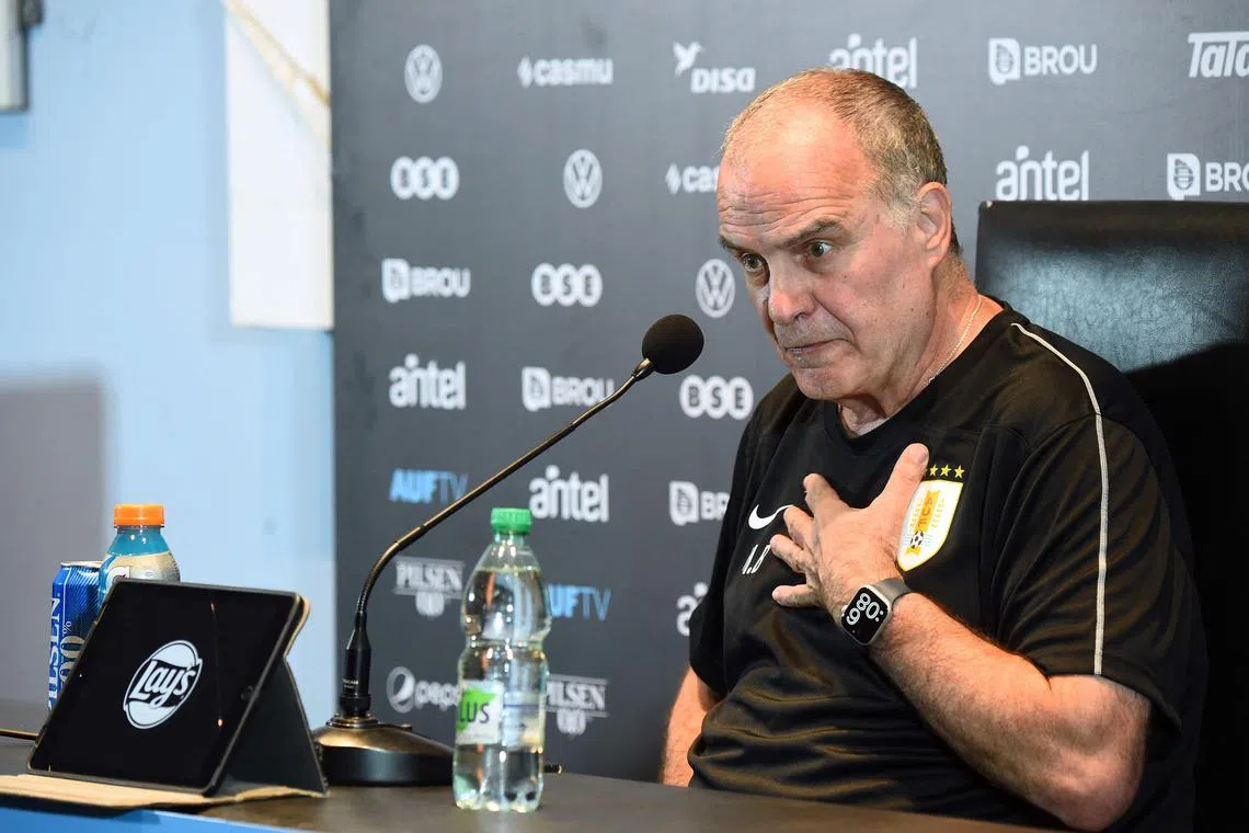 Uruguay's Argentinian coach Marcelo Bielsa speaking during a press conference in Montevideo on Sept 24.