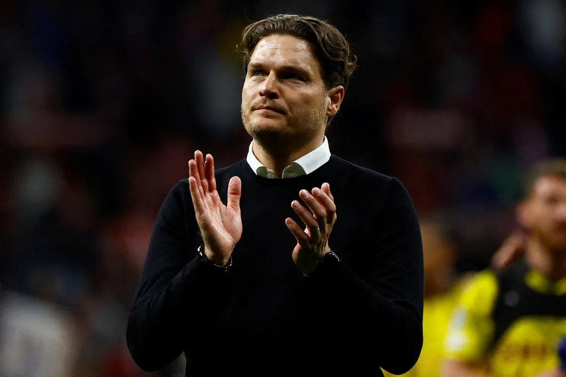 FILE PHOTO: Soccer Football - Champions League - Quarter Final - First Leg - Atletico Madrid v Borussia Dortmund - Metropolitano, Madrid, Spain - April 10, 2024 Borussia Dortmund coach Edin Terzic applauds fans after the match REUTERS/Susana Vera/File Photo